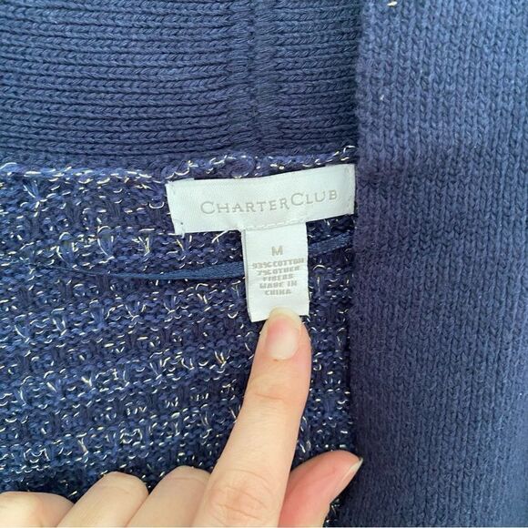 Charter Club Women’s Open Front Striped Sparkly Blue Thick Knot Sweater size M - Picture 2 of 3